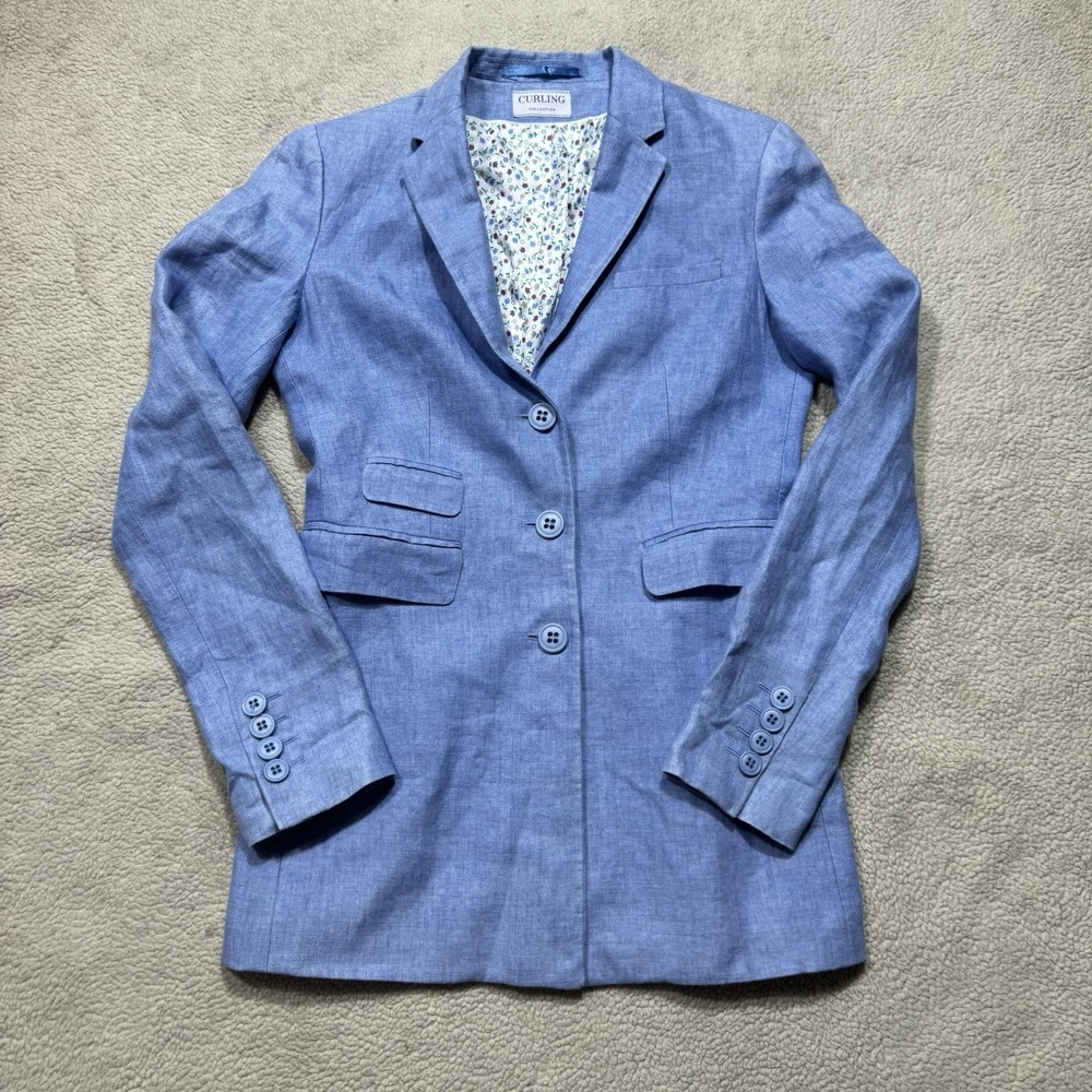 Curling Collection Jacket Womens 36 Gemma 2 Baby Blue Floral Lined Blazer Button